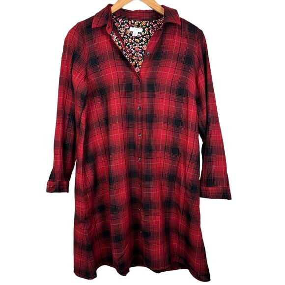 J. Jill Plaid Flannel Long Sleeve Size XS Red Black Tunic Length Button Up Shirt - Picture 1 of 9
